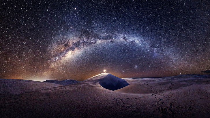 blue galaxy digital wallpaper, the sky, stars, light, night, the dunes, desert, people, dunes, the milky way, HD wallpaper