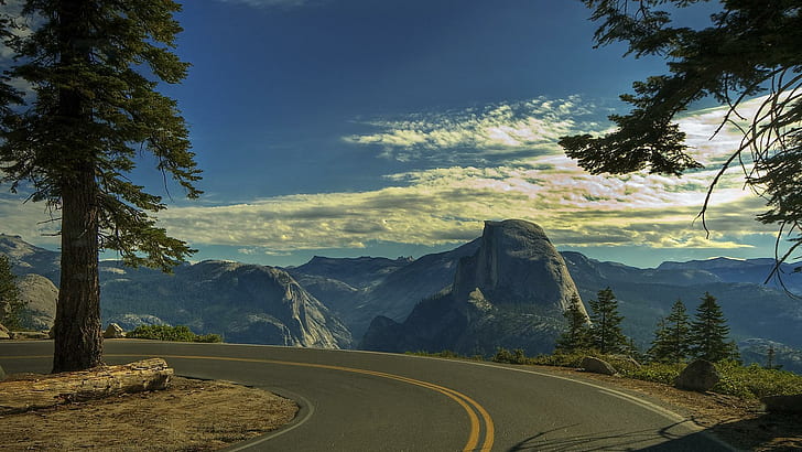 Road To Mountains, view, landscape, lookout, mountains, nature, half dome, tree, beautiful, sunset, trees, peaceful, HD wallpaper