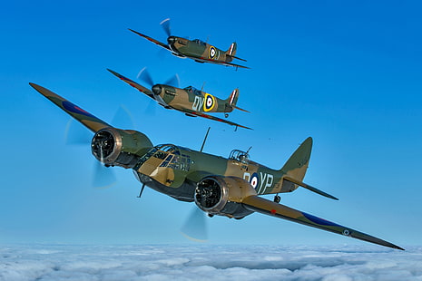 Chasseur, Spitfire, Supermarine Spitfire, RAF, La Seconde Guerre mondiale, Bristol Blenheim, Link, Bristol Blenheim Mk.I, Bombardier léger, Fond d'écran HD HD wallpaper