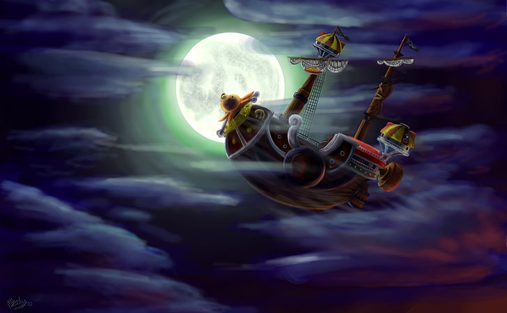 navio pirata marrom no ar durante a lua cheia, mil ensolarado, One Piece, HD papel de parede