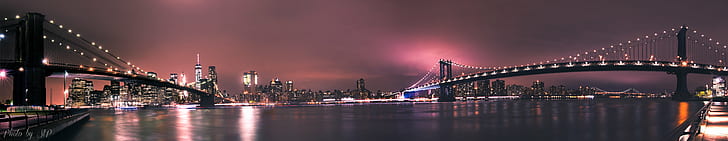 zdjęcie panoramiczne miasta nocą, york, jork, Nowy Jork, mosty, zdjęcie panoramiczne, miasto, nocą, most brooklyński, most Manhattan, Pentax K-3, długie naświetlanie, nuit, panorama, pont, woda, Hudson, rzeka wschodnia , światło rzeki, Sigma, noc, pejzaż miejski, nowy Jork, most - konstrukcja stworzona przez człowieka, urban Skyline, uSA, słynne miejsce, manhattan - Nowy Jork, rzeka, architektura, brooklyn - Nowy Jork, scena miejska, oświetlony, zmierzch, Dzielnica Śródmieście, Tapety HD