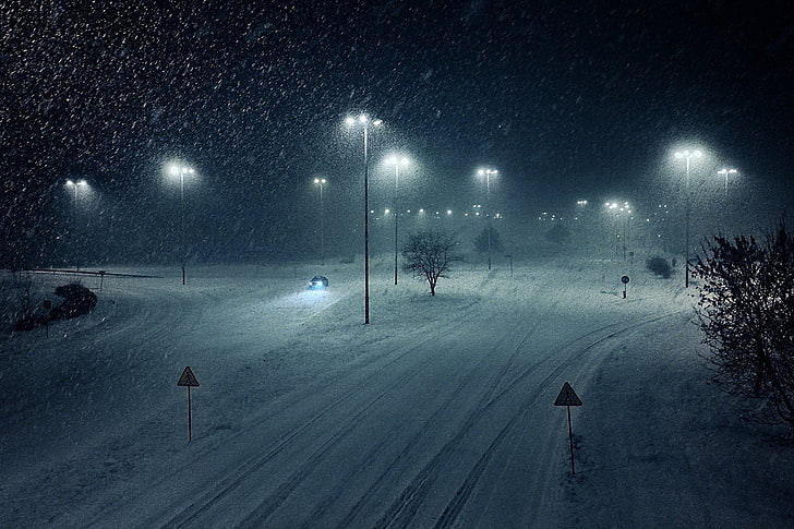 snow, road, night, winter, snowing, HD wallpaper