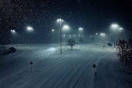 сняг, път, нощ, зима, сняг, HD тапет HD wallpaper