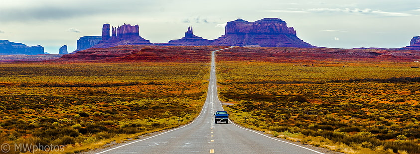 blue car surrounded green grass field and rocky mountain, blue car, green grass, grass field, rocky mountain, monument valley  utah, arizona, sandstone, cliffs, landscape, desert  road, road  america, truck, uSA, monument Valley, utah, desert, monument Valley Tribal Park, butte - Rocky Outcrop, mesa, southwest USA, nature, scenics, outdoors, travel, road, wild West, navajo, HD wallpaper HD wallpaper