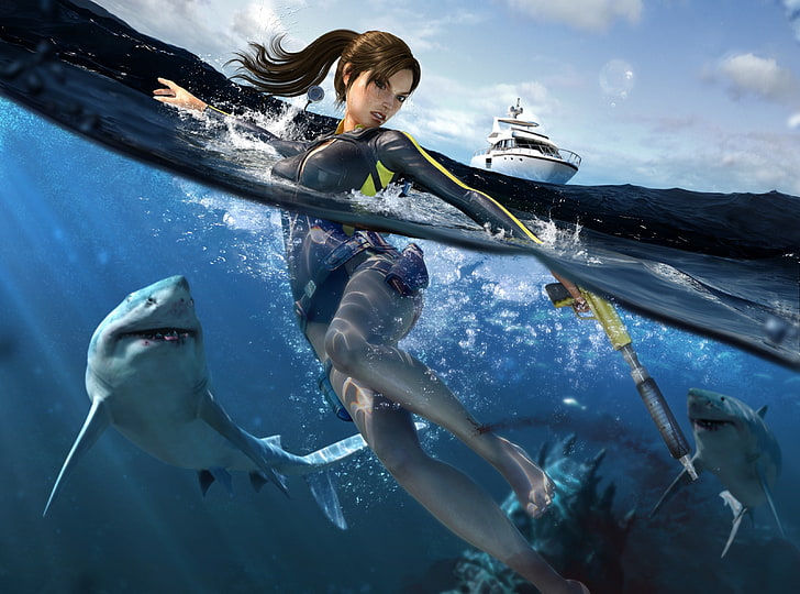 Tomb Raider Underworld Lara Croft Swimming..., woman holding spear gun near sharks illustration, Games, Tomb Raider, mediterranean sea, HD wallpaper