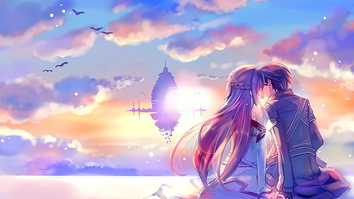 аниме момичета, Sword Art Online, целуване, гръб, облаци, Kirigaya Kazuto, Kirito (Sword Art Online), Yuuki Asuna, двойка, HD тапет