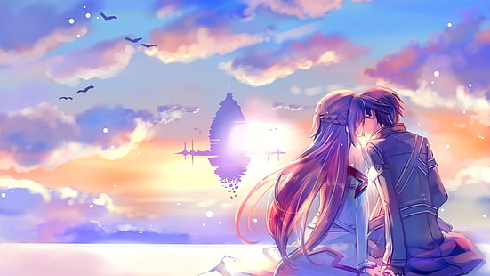anime dziewczyny, Sword Art Online, całowanie, plecy, chmury, Kirigaya Kazuto, Kirito (Sword Art Online), Yuuki Asuna, para, Tapety HD HD wallpaper