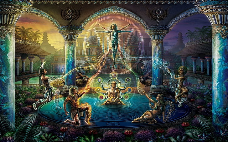 Fantasy, Elemental, Earth, Fire, Magic, Meditation, People, Temple, Water, HD wallpaper