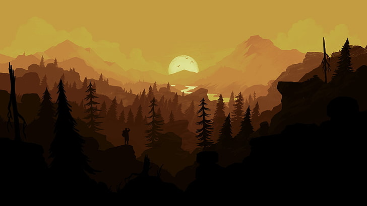 illustrazione di alberi e tramonto, Firewatch, escursioni, tramonto, foresta, Sfondo HD