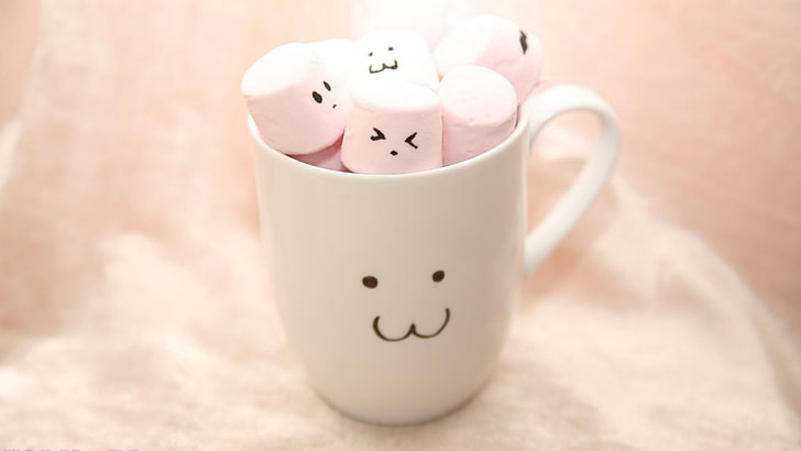 white ceramic mug, cup, marshmallow, smiles, HD wallpaper