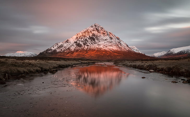 rocky mountain covered by snow photography, Buachaille Etive Mor, rocky mountain, snow, photography, Mor  River, River Etive, Glencoe  Scotland, Highlands, Munro, Long Exposure, Stob Dearg, Sunrise, Reflections, Glow, 70D, Canon EF-S, S 10, Clouds, Movement, Blur, Water, Icy, Ice, nature, mountain, landscape, lake, scenics, outdoors, travel, HD wallpaper