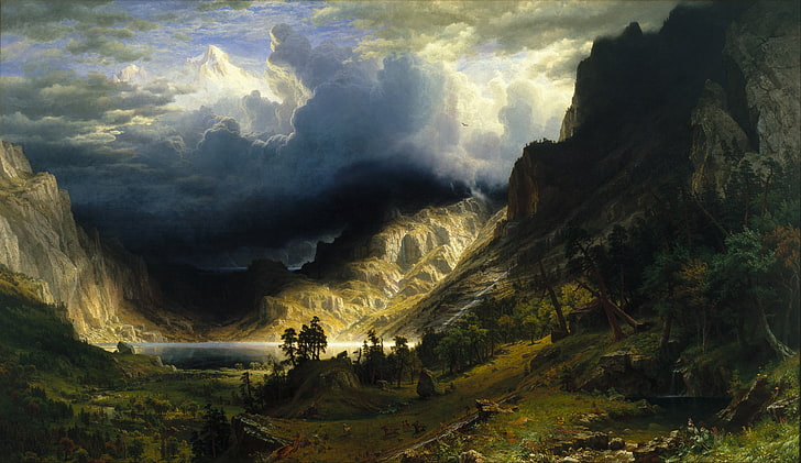 gunung di bawah langit berawan wallpaper, alam, pemandangan, pegunungan, seni fantasi, lukisan, Albert Bierstadt, A Storm in the Rocky Mountains, Wallpaper HD