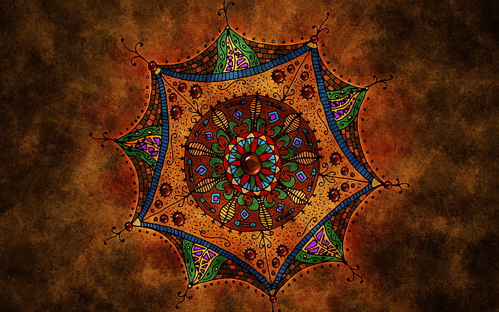brown, red, blue, and green flower mandala art, abstraction, sign, figure, HD wallpaper