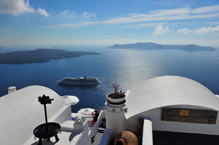 white cruise ship, sea, landscape, view, Greece, liner, Santorini, HD wallpaper