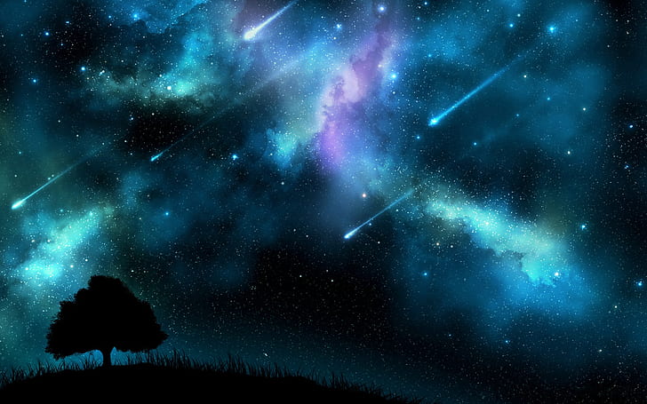 Lluvia de meteoritos en la noche, cielo azul, silueta de árboles, Meteorito, Ducha, Noche, Azul, Cielo, Árboles, Silueta, Fondo de pantalla HD