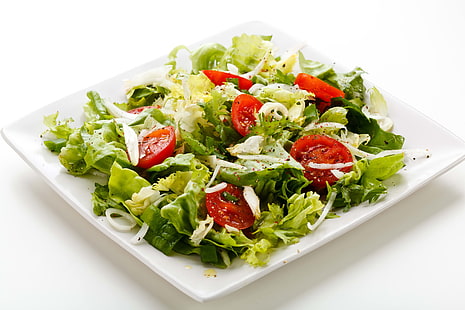 Gemüsesalat und weißer Teller, Salat, Teller, weißer Hintergrund, HD-Hintergrundbild HD wallpaper