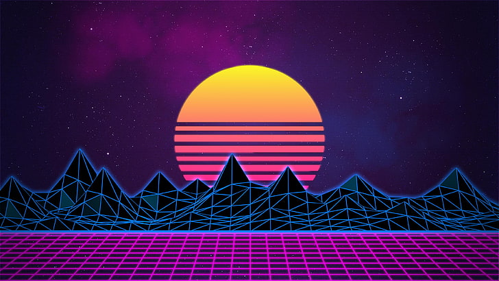 vaporwave, Sun, mountains, HD wallpaper