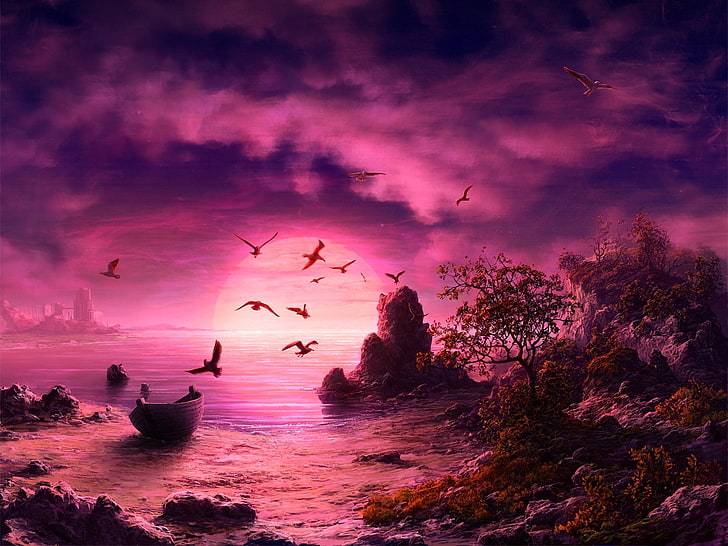 canoe on top body of water, sea, sunset, seagulls, HD wallpaper
