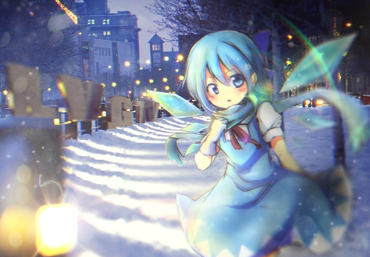 wróżka anime postać cyfrowa tapeta, Cirno, Touhou, rękawiczki, śnieg, krótkie włosy, niebieskie włosy, niebieskie oczy, Tapety HD