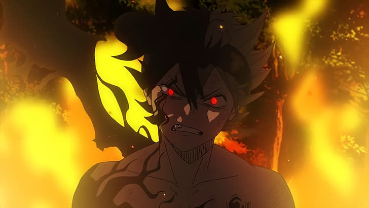 Black Clover, Asta, mata iblis, mata merah, api, anak laki-laki anime, Wallpaper HD