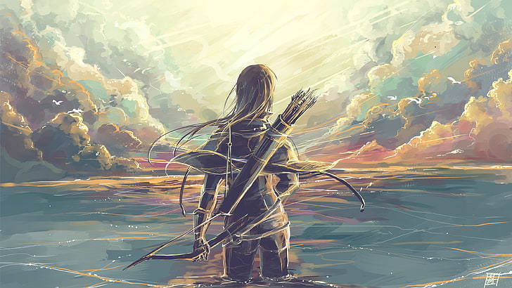 long-haired holding boy on body of water character wallpaper, artwork, bowmen, looking into the distance, HD wallpaper