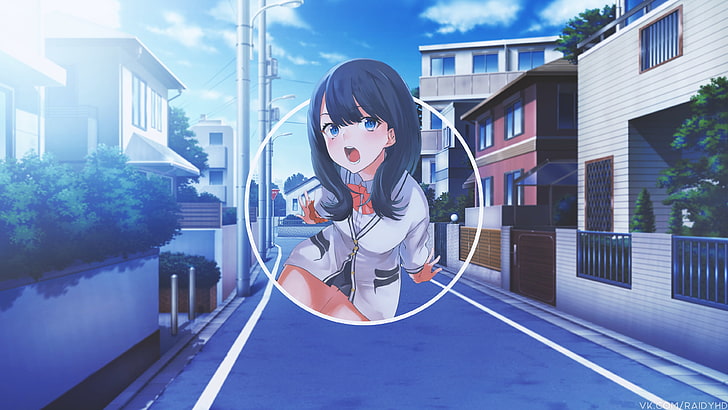 anime, garotas anime, imagem em imagem, urbano, boca aberta, olhos azuis, Takarada Rikka, HD papel de parede