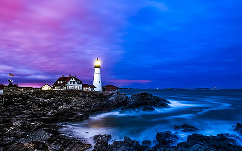 Portland lighthouse, houses, coast, sea, dusk, blue, Portland, Lighthouse, Houses, Coast, Sea, Dusk, Blue, HD wallpaper HD wallpaper