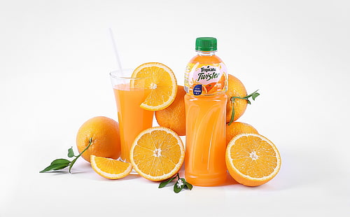 Apelsiner, färsk juice, tropicana juice, mat och dryck, apelsiner, frukt, färsk, glas, juice, flaska, HD tapet HD wallpaper