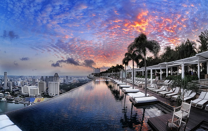 Stworzone przez człowieka, hotel, miasto, Marina Bay Sands, basen, Singapur, zachód słońca, Tapety HD