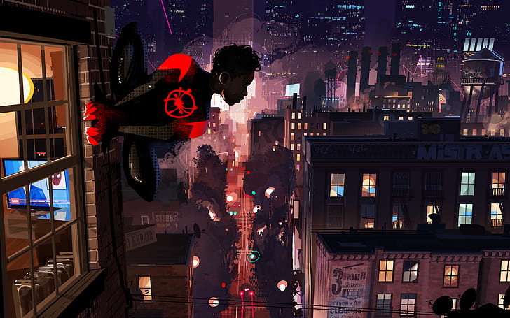 Spider-Man, Spider-Man: Into the Spider-Verse, Miles Morales, city, night, building, rooftops, fan art, Patrick O'Keefe, HD wallpaper