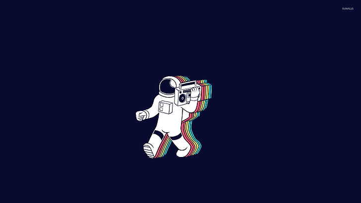 белый космонавт держит бумбокс, минимализм, космонавт, юмор, HD обои