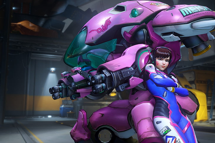 personagem feminina fictícia usando spandex ao lado de papel de parede de robô rosa, Blizzard Entertainment, Overwatch, videogame, D.Va (Overwatch), HD papel de parede