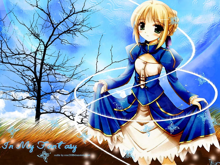 애니메이션 소녀 금발 머리와 파란 치마, 금발 머리 소녀 애니메이션 캐릭터, 애니메이션, 소녀, 금발, 파랑, 치마, HD 배경 화면