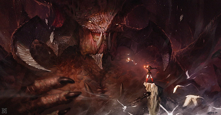 ilustracja postaci czerwonego smoka, sztuka fantasy, demon, Tapety HD