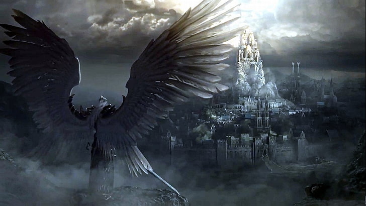 anjo papel de parede, fantasia, anjo guerreiro, castelo, cidade, espada, asas, HD papel de parede