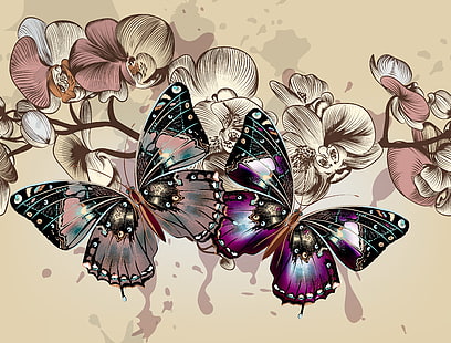 two multicolored butterflies illustration, color, butterfly, flowers, background, wings, vector, HD wallpaper HD wallpaper