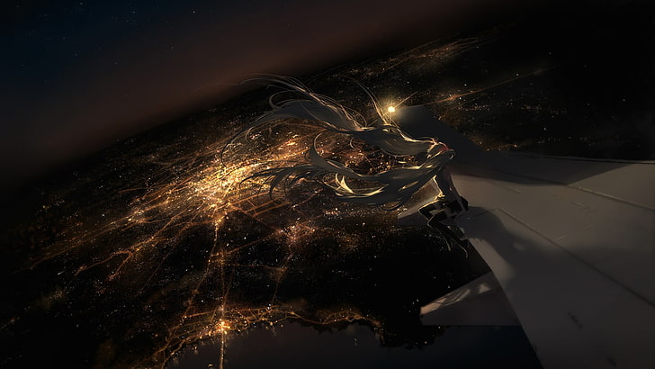 animated wallpaper, aerial photograph city lights, Hatsune Miku, bird's eye view, airplane, anime, aircraft, lights, cityscape, HD wallpaper