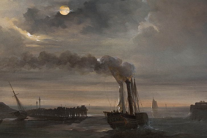 Obra de arte, pintura, Luna, barco, mar, humo, arte clásico, Fondo de pantalla HD