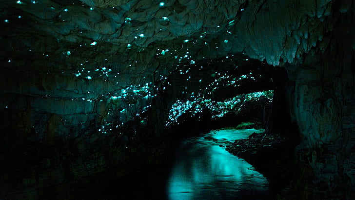 jaskinia, woda, noc, Waitomo Glowworm Caves, Nowa Zelandia, Tapety HD