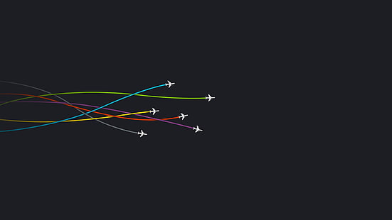 planes in flight digital wallpaper, six white airplanes and six assorted-color lines illustration, minimalism, airplane, colorful, red, yellow, purple, gray, lines, simple background, digital art, HD wallpaper HD wallpaper
