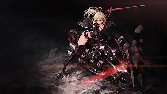 Saber Alter anime character wallpaper, Fate/Grand Order, Saber Alter, thigh-highs, gloves, weapon, sword, motorcycle, Fate Series, HD wallpaper HD wallpaper