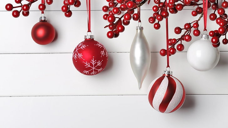Коледа, Коледна украса, Коледа, червено, бяло, Коледна топка, HD тапет