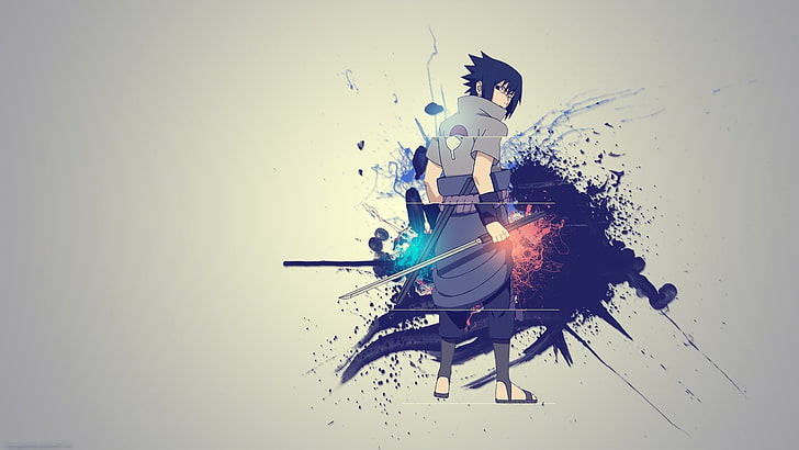 Uchiha Sasuke, Naruto Shippuuden, Uchiha Sasuke, éclaboussures de peinture, dessins animés, Fond d'écran HD