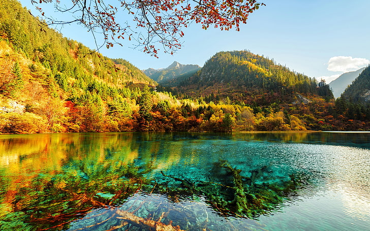 중국 구채구 가을 산맥 호수, 물줄기, HD 배경 화면