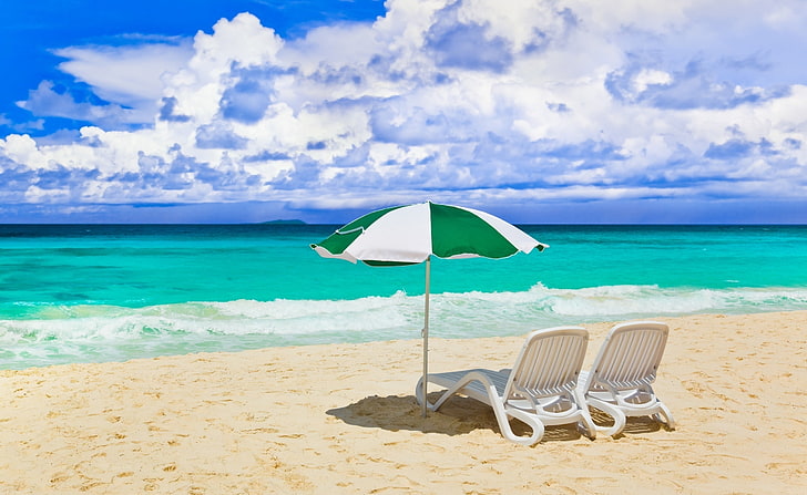 Sunny Day At The Beach, white and green parasol umbrella and two white sun loungers, Seasons, Summer, Beach, Nature, Landscape, Waves, Sand, Seaside, Clouds, Seascape, HD wallpaper