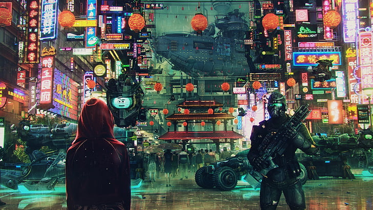 soldier, red hoodie, hoodie, concept art, rebel, futuristic city, artwork, art, street, asian architecture, scifi, science fiction, cyberpunk, japan, law, glow, apocalypse, android, neon, city, girl, robot, future, HD wallpaper