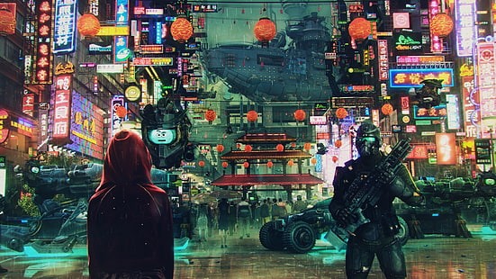 soldat, hoodie rouge, sweat à capuche, concept, rebelle, ville futuriste, œuvres d'art, art, rue, architecture asiatique, scifi, science fiction, cyberpunk, japon, loi, lueur, androïde, néon, ville, fille, robot, Fond d'écran HD HD wallpaper