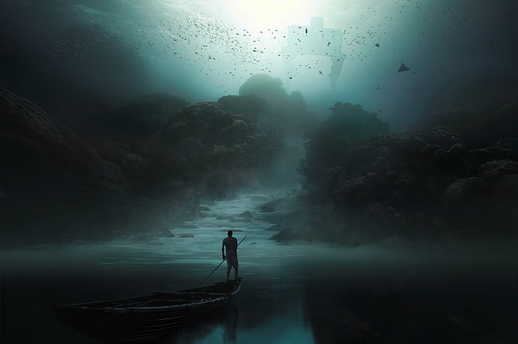 Schattenbild des Personenreitbootes mitten in Gewässer, Unterwasser, Boot, Traum, HD, HD-Hintergrundbild