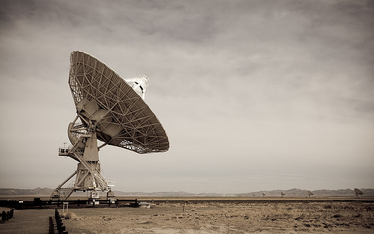 okrągła szaro-biała antena satelitarna, technologia, krajobraz, radioteleskop, antena, Tapety HD