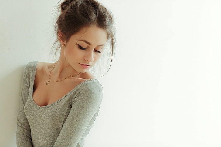 women's heather-gray scoop-neck long-sleeved shirt, women's gray scoop-neck shirt, women, brunette, Mary Alexandrova, Alexey Tsyganov, model, closed eyes, face, makeup, cleavage, simple background, auburn hair, HD wallpaper